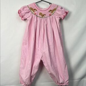 Claire and Charlie Pink Cotton smocked puppy embroidered jumpsuit EUC size 18m